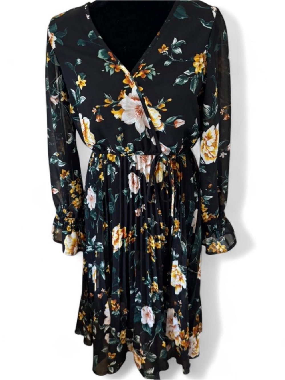 T.J.Maxx Black Floral Long-Sleeve Wrap Dress